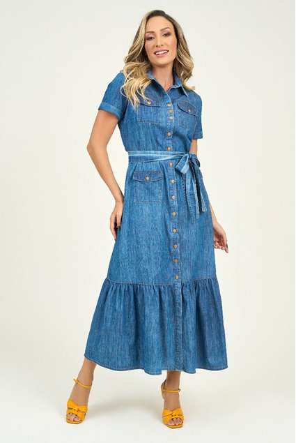 Vestido Jeans Com Bolsos E Botões Frontal Via Tolentino