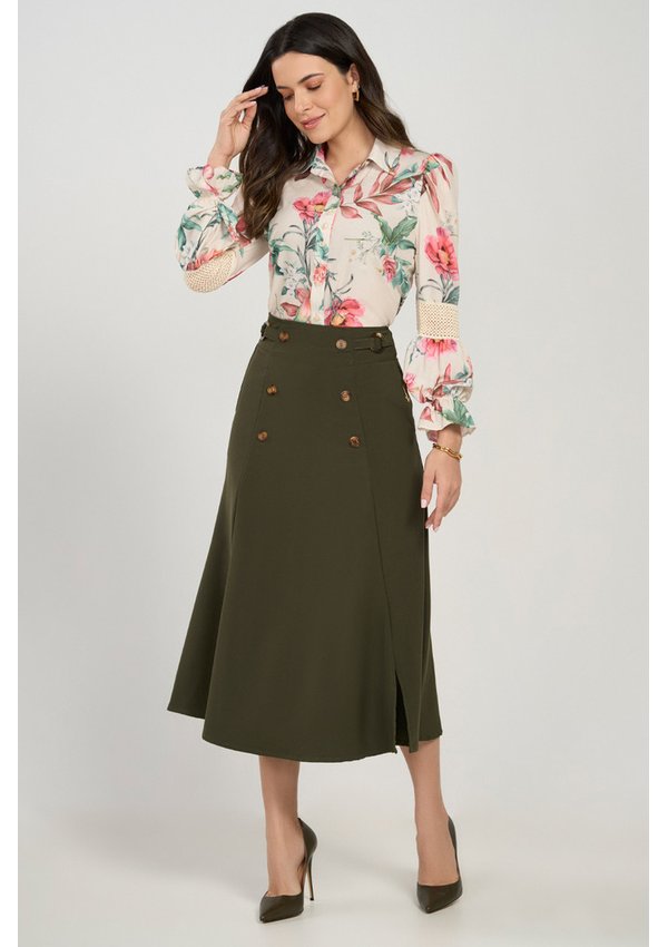 Midi Botoes Frontais Saia Com Botao No Meio Saia Evasê Com Botões