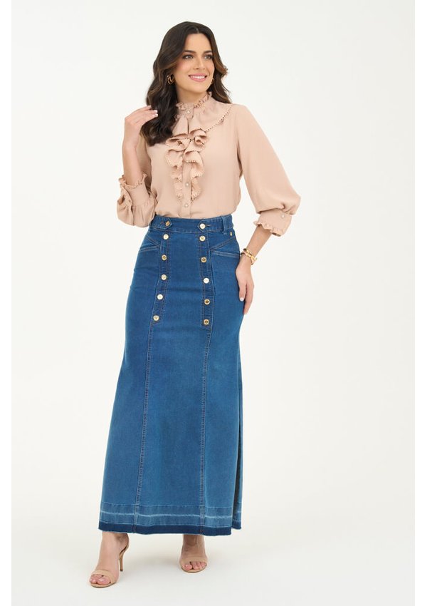 Saia Jeans Midi Fascinius Jeans Saia Godê Saias Jeans De Botao