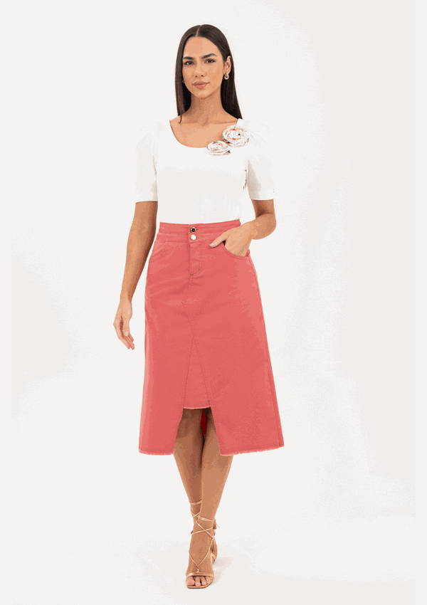 Saia Jeans Color Com Recortes Frontal Via Tolentino