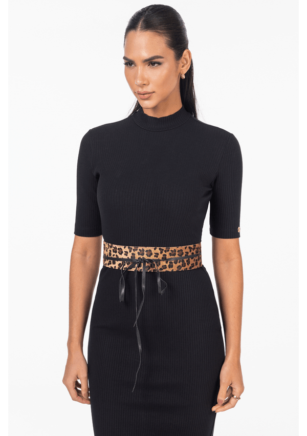 Vestido Canelado Preto Gola Alta Com Cinto Via Tolentino