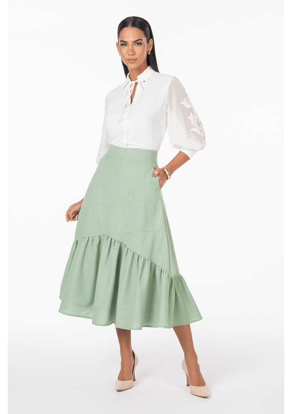 Saia De Linho Com Babado Na Barra Verde Claro Via Tolentino