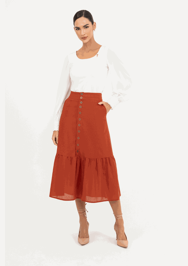 Saia Em Linho Com Babados E Botões Frontal Via Tolentino