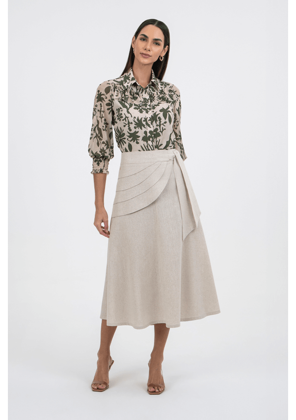 Saia Evasê Em Linho Com Pala E Amarração Na Lateral Via Tolentino