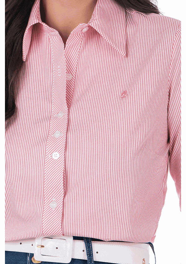 Camisa Feminina Listrada Rosa Em Tricoline Via Tolentino