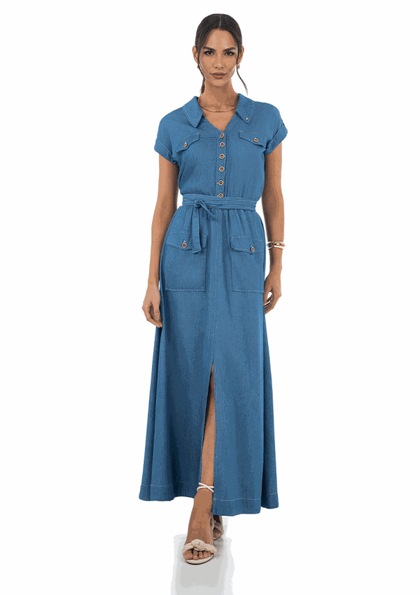 Vestido Jeans Longuete Com Bolso Cargo Via Tolentino