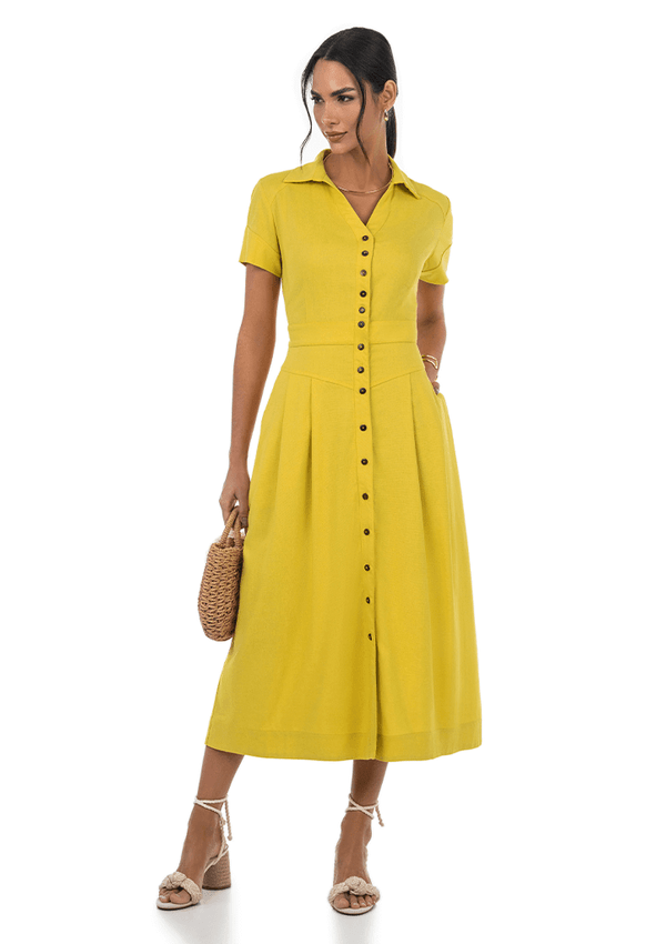 Vestido Amarelo Chemise Midi Com Pregas Frontais Via Tolentino