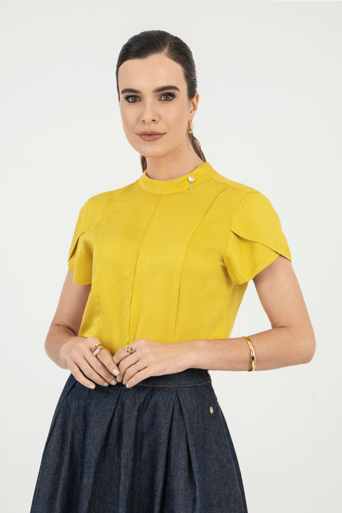 04 blusa feminina mangas curta tulipa amarelo via tolentino
