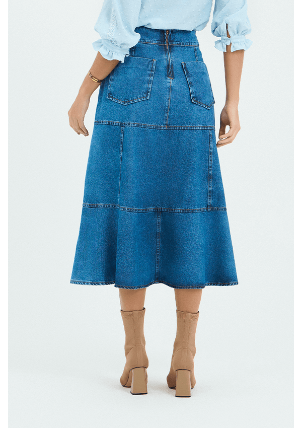 Saia Midi Evasê Jeans Com Recortes