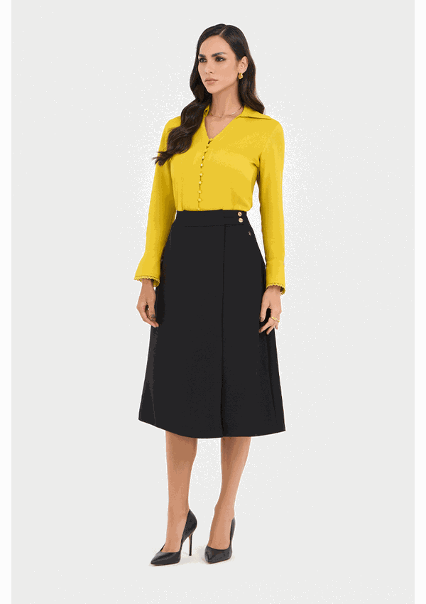 Saia Preta Midi Evasê Com Botões