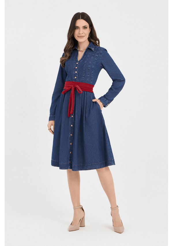Vestido Chemise Jeans Curto Com Cinto Vermelho