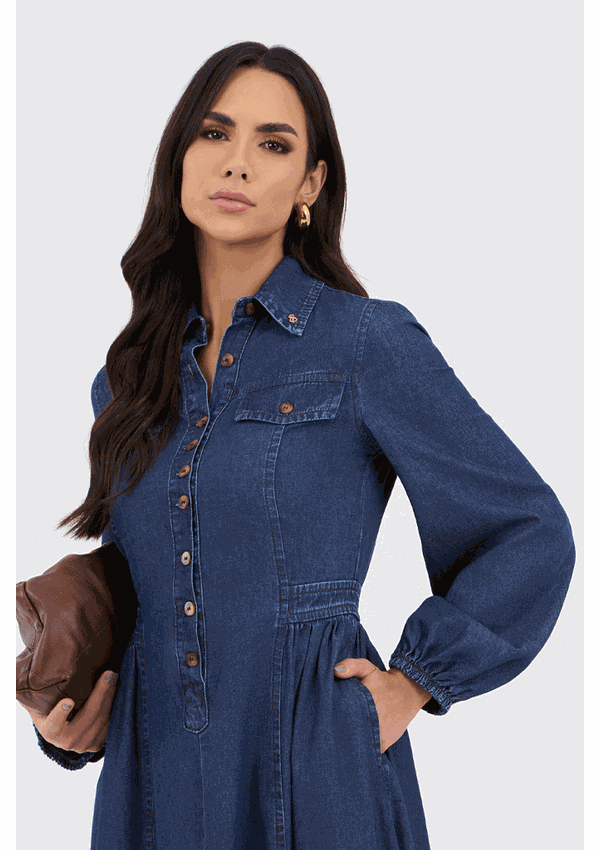 Vestido Chemise Jeans Midi Chemise Vestidos Jeans Manga Longa
