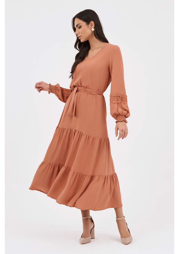 Renda Vestidos Godes Vestido Midi Godê Com Renda Na Manga