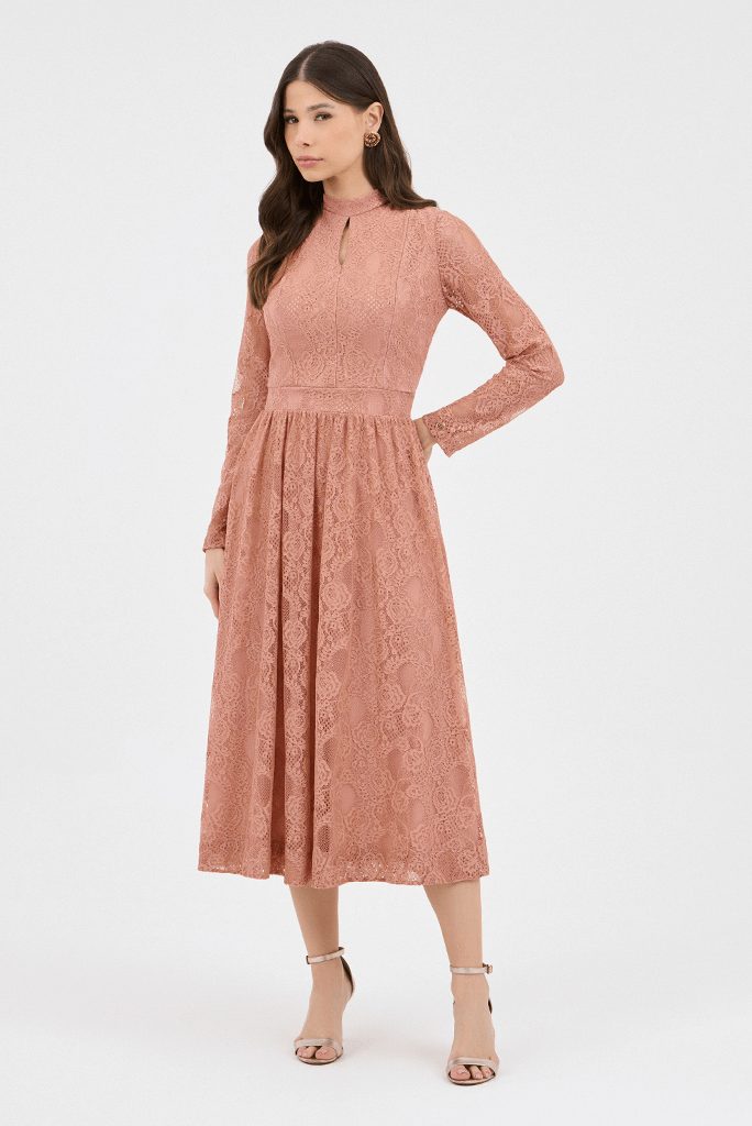 01 vestido rose midi em renda gode gola alta