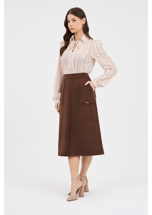 Saia Marrom Midi Em Suede Evasê Com Bolsos Frontal