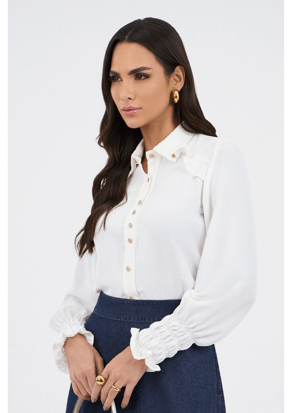 Camisa Off White Plano Com Babado E Lastex No Punho