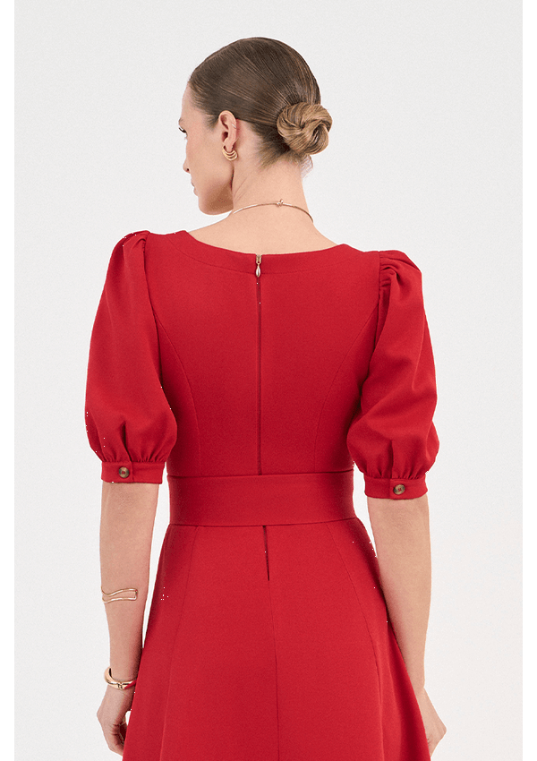 Vestido Vermelho Em Alfataria Godê Midi