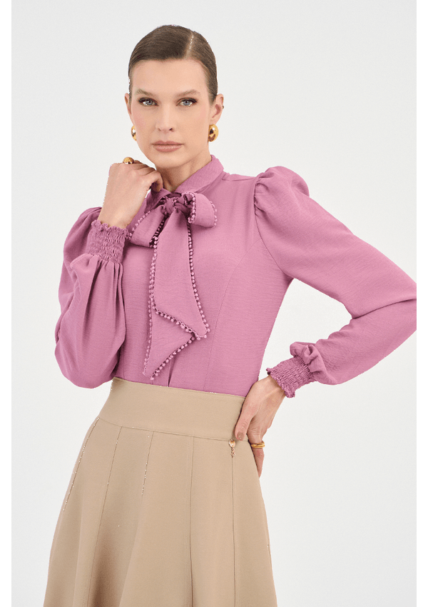 Camisa Rosa De Crepe Com Laço Removível
