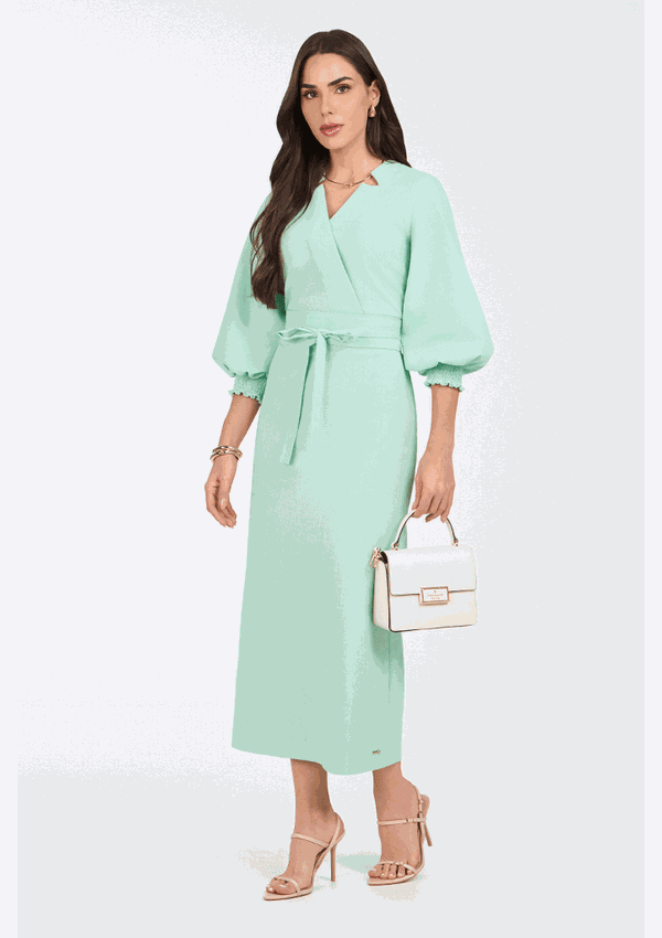 Vestido Verde Reto Midi Em Linho Transpassado
