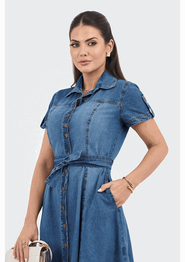 Vestido Chemise Jeans Curto Godê